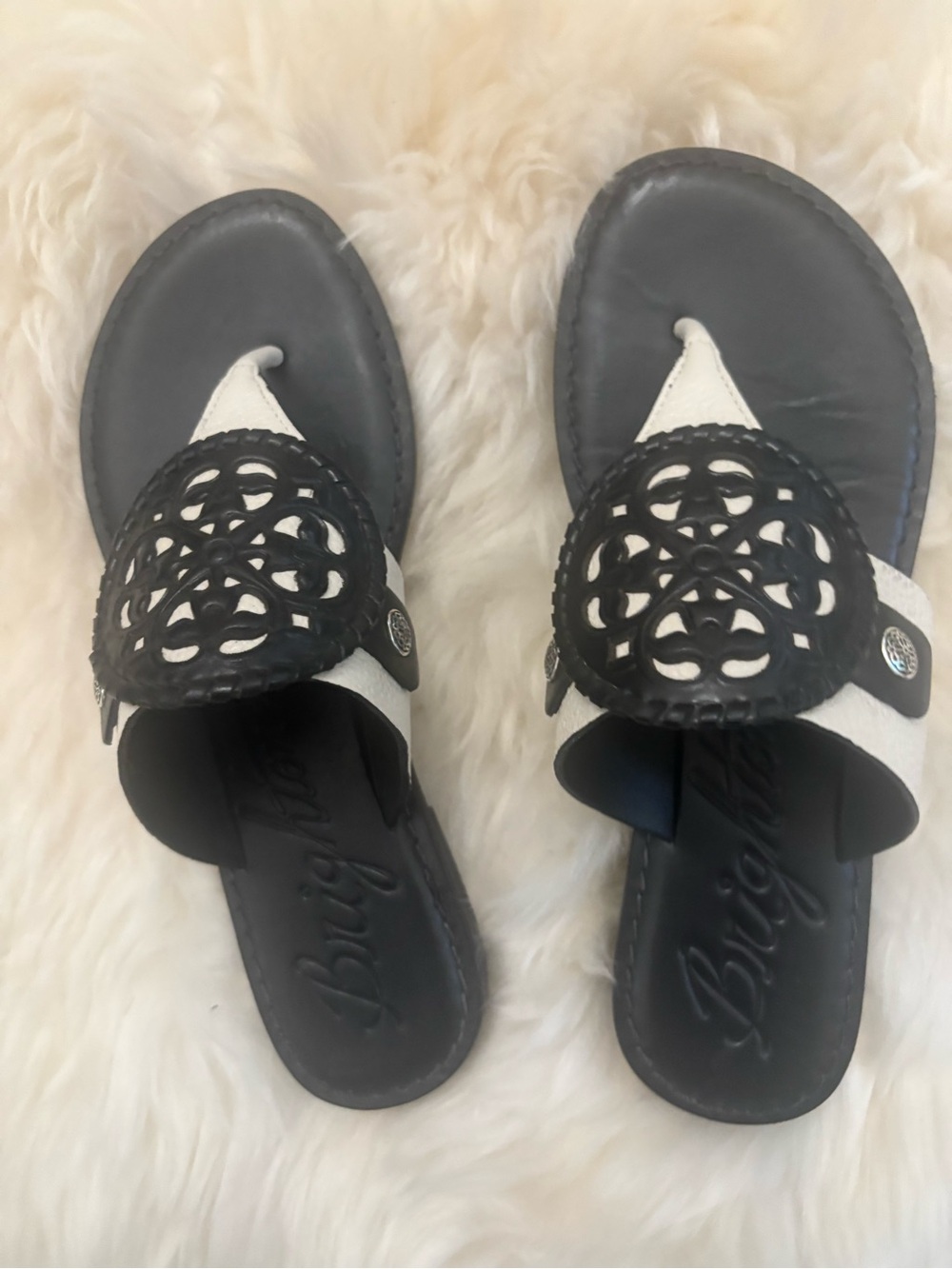 Brighton Alexa Black and White leather Cutout Leather Slide Sandals